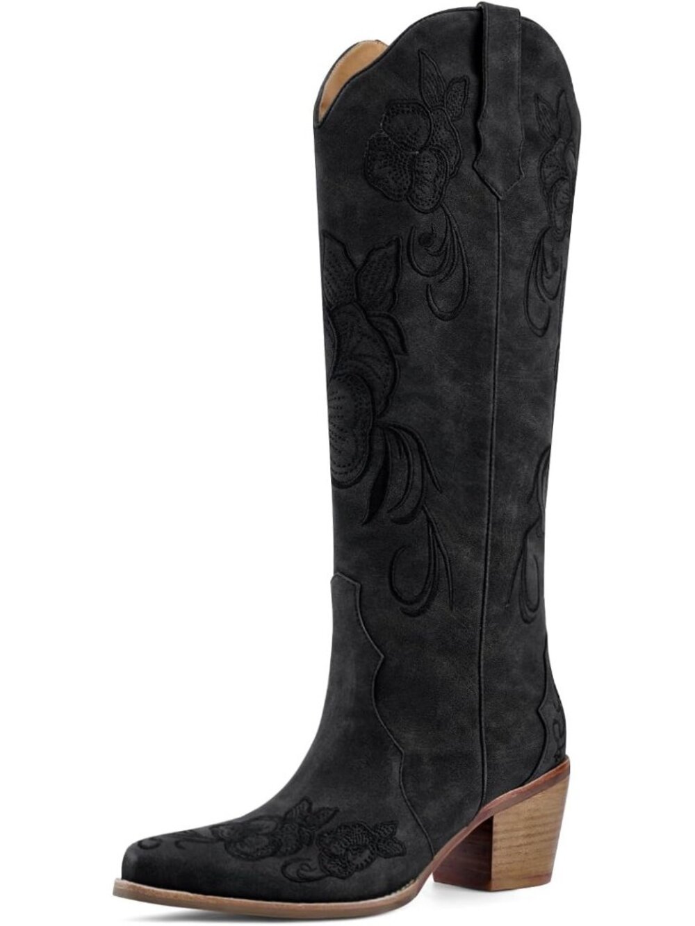 Women's Black Faux Leather Western Pointed Toe Cowboy Cowgirl Chunky Block Heel